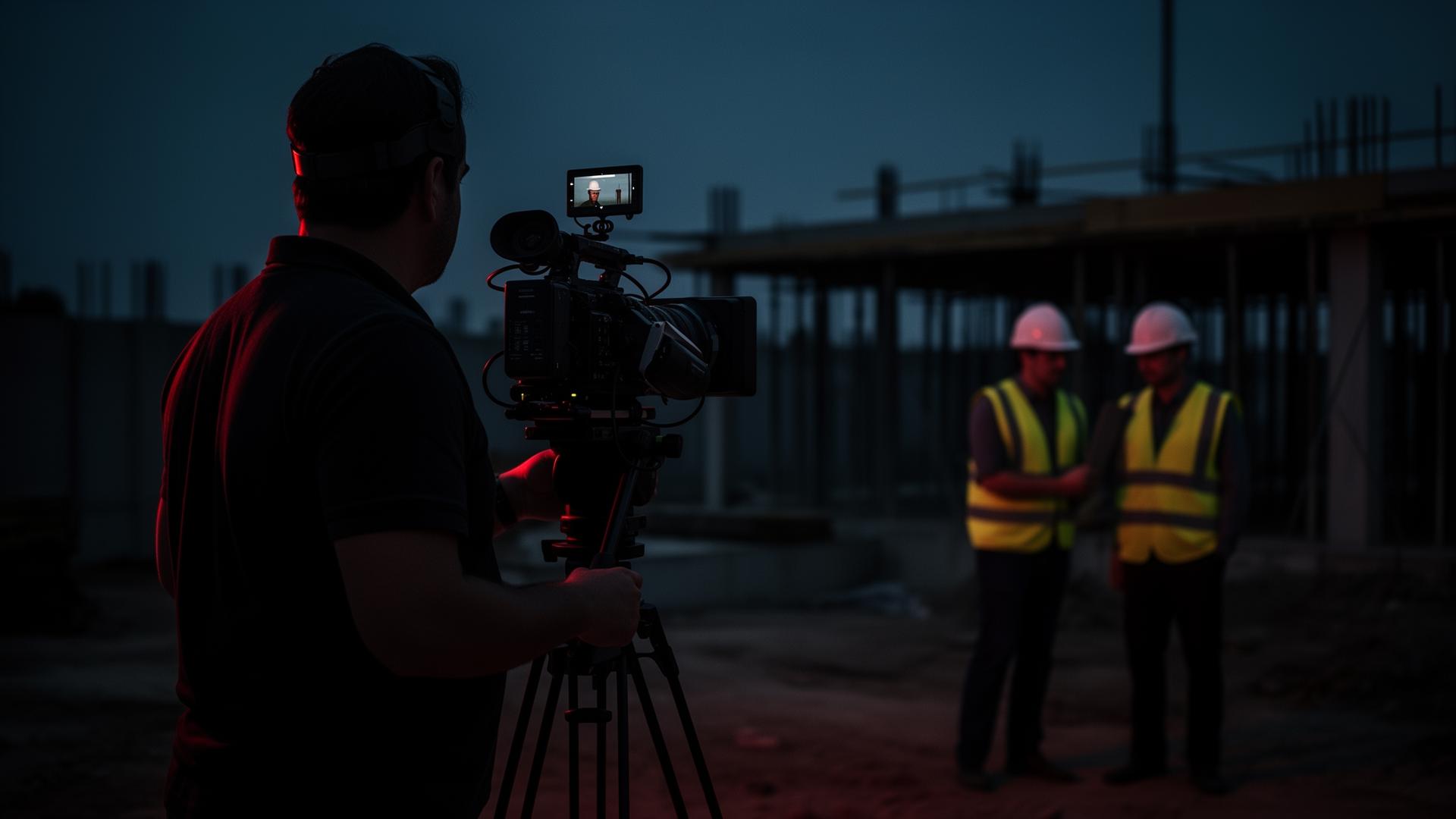 Bones Media videographer filming a contractor on-site at dusk